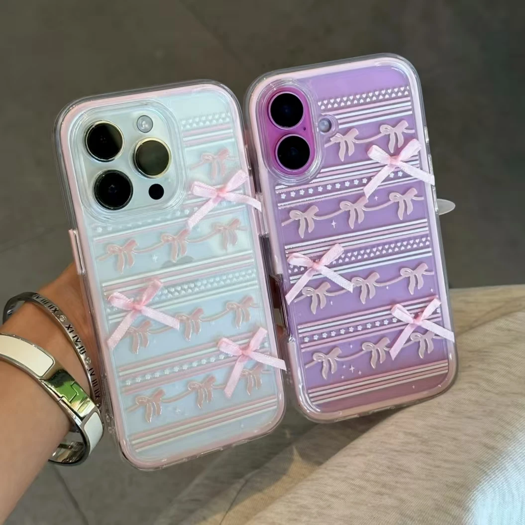 三合一炫彩适用于苹果16promax华为mate70满屏蕾丝粉蝴蝶结手机壳