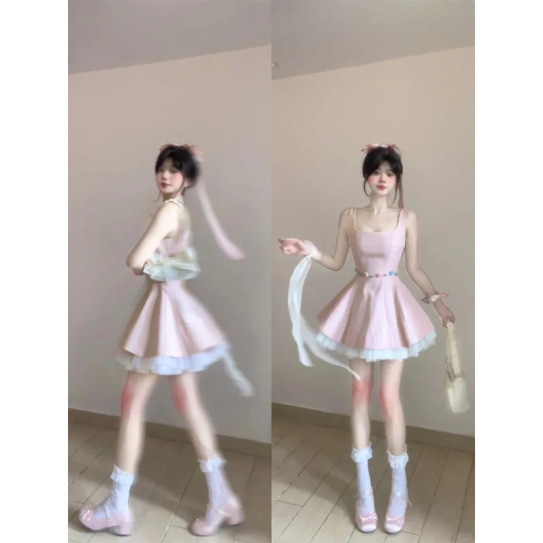 粉色连衣裙女夏日甜美小裙子生日礼服千金感蓬蓬公主裙演唱会穿搭