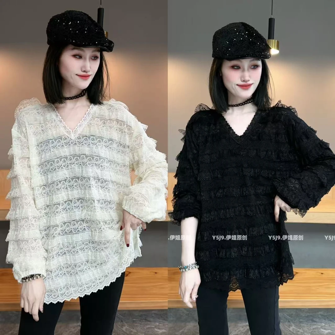 【YJ·高定】2025春夏蕾丝珠片拼接宽松显瘦设计感百搭小衫女 YY1898