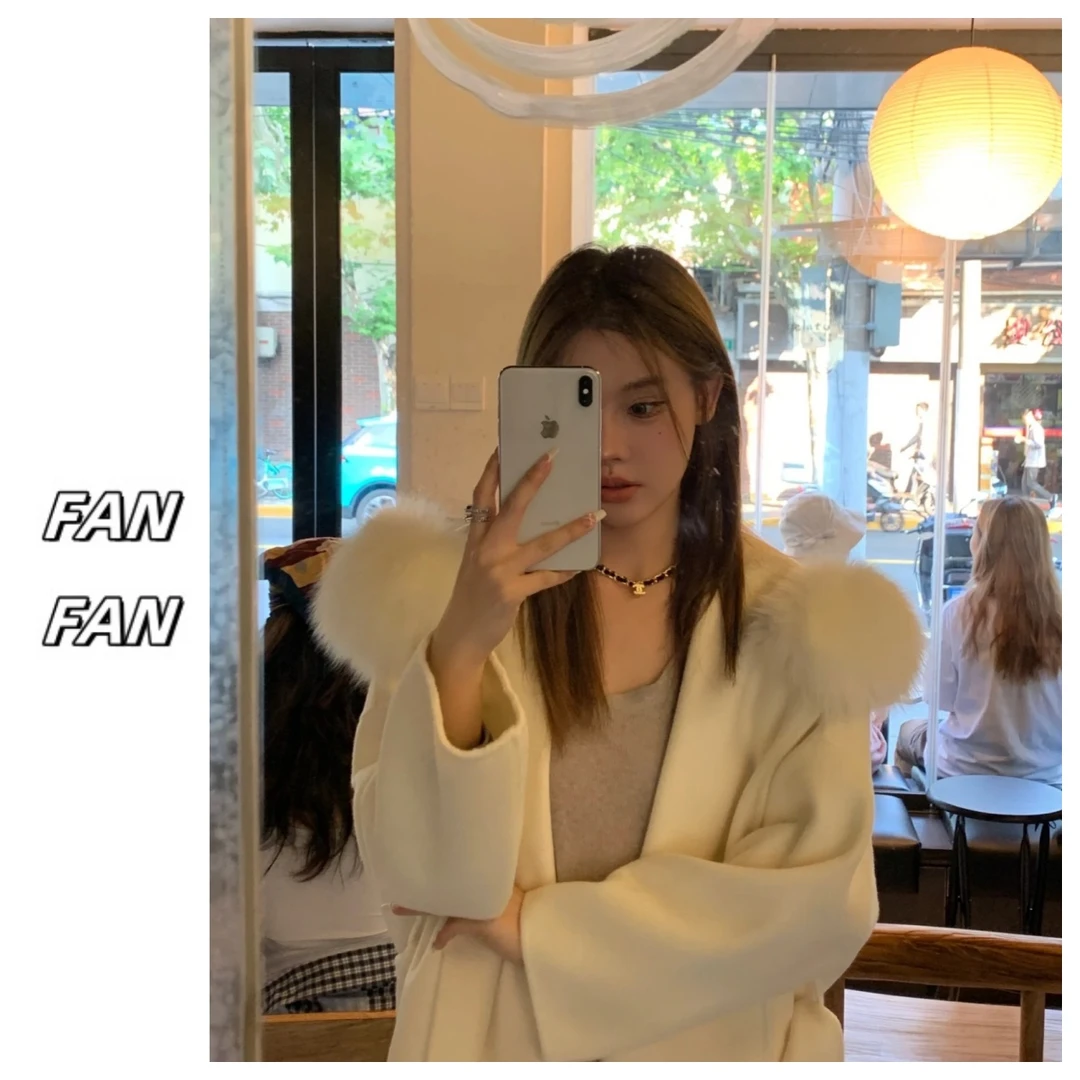 FANFAN 前口袋连帽羊绒大衣外套