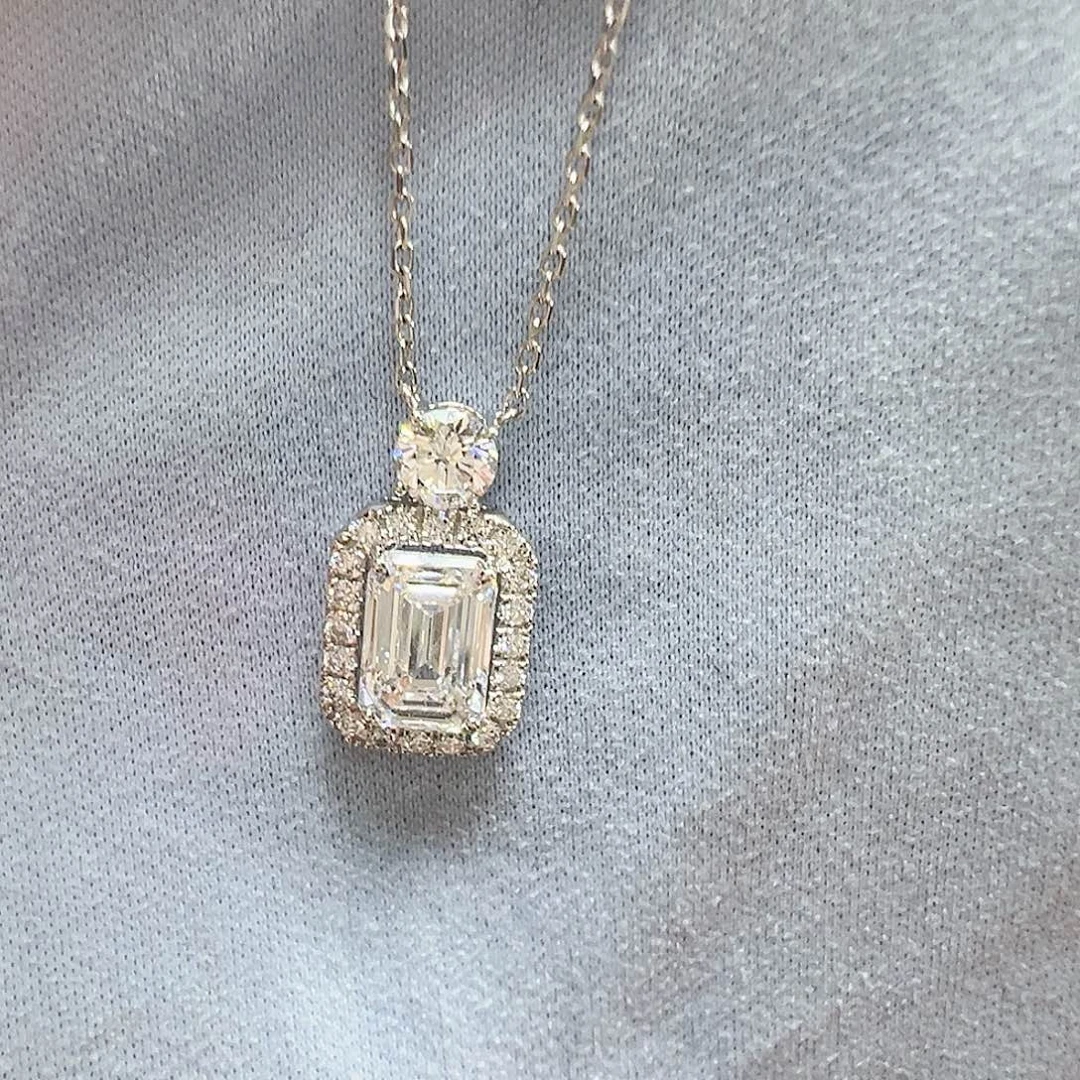 18K金镶嵌实验室培育钻石项链1.103克拉K白祖母切项链45cm