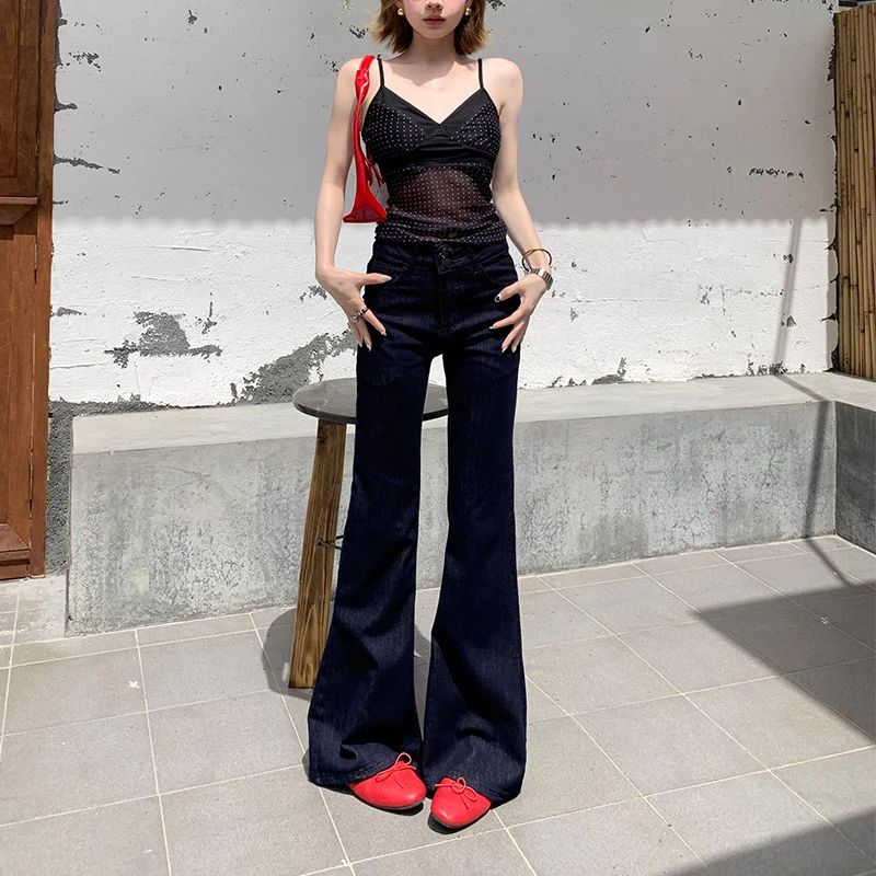 深蓝美式微喇叭牛仔裤女夏季高腰显瘦弹力紧身辣妹复古马蹄喇叭裤