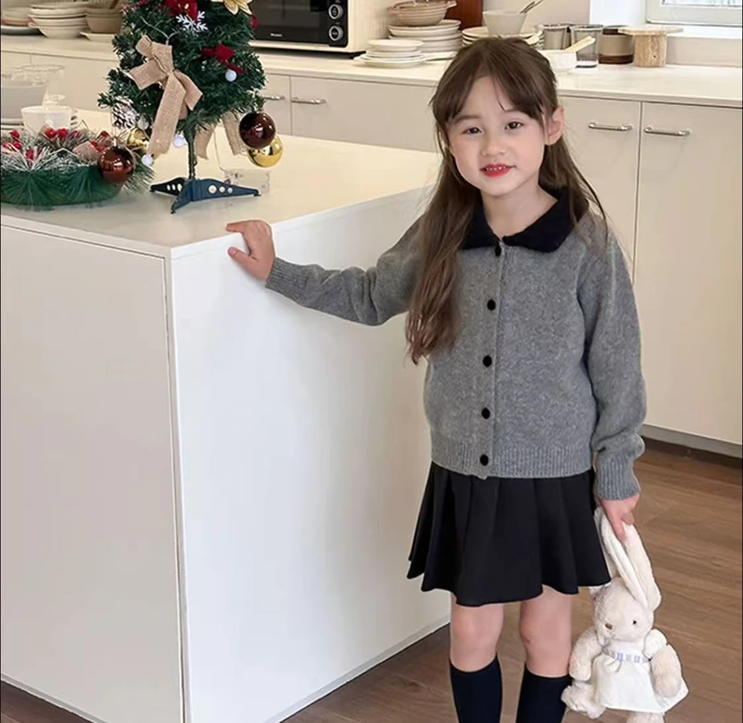 2024秋新款爆款女童韩版学院针织开衫毛衣春秋季宝宝洋气翻领上衣