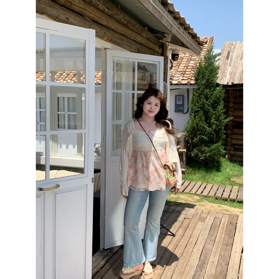 青苍【粉色涟漪】大头婷微胖夏季吊带镂空拼接碎花上衣