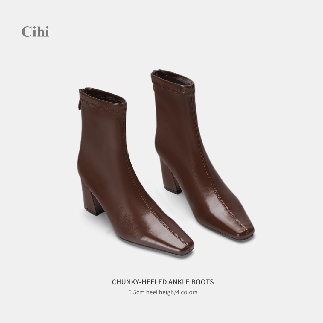 Cihi'Celestia' 简约油蜡皮 小方头通勤粗跟后拉链裸靴中短靴