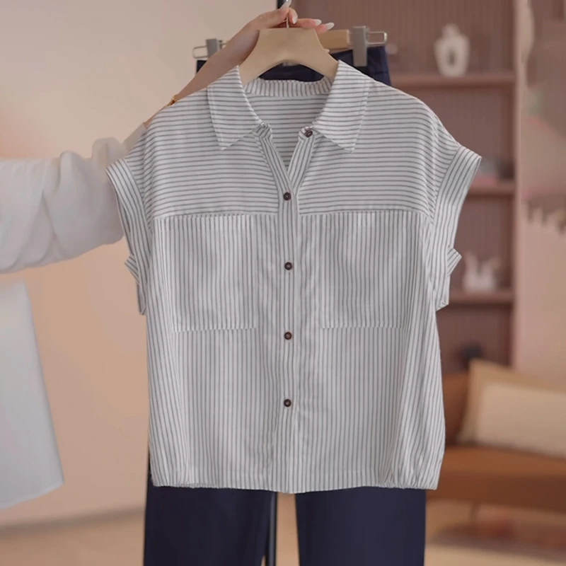 女士翻领条纹衬衫2025夏季时尚宽松洋气减龄显瘦职业无袖休闲上衣