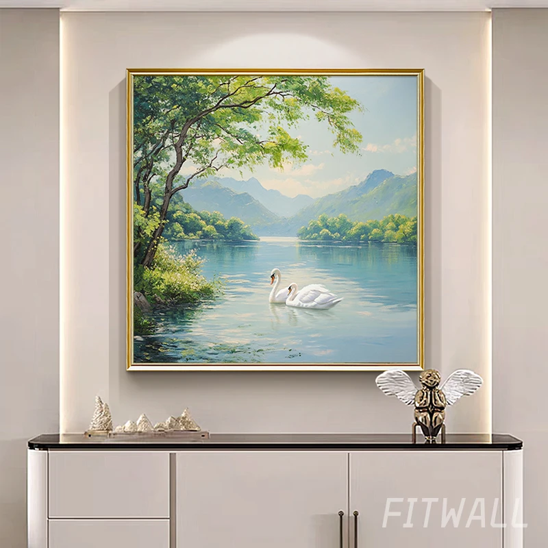 《湖山清运》原创风景手绘油画天鹅湖挂画餐厅装饰画方形大芬村