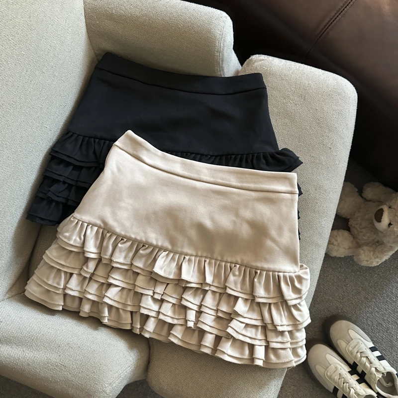 纯欲风甜美木耳花边蛋糕包臀裙女秋冬高腰防走光气质短裙子半身裙