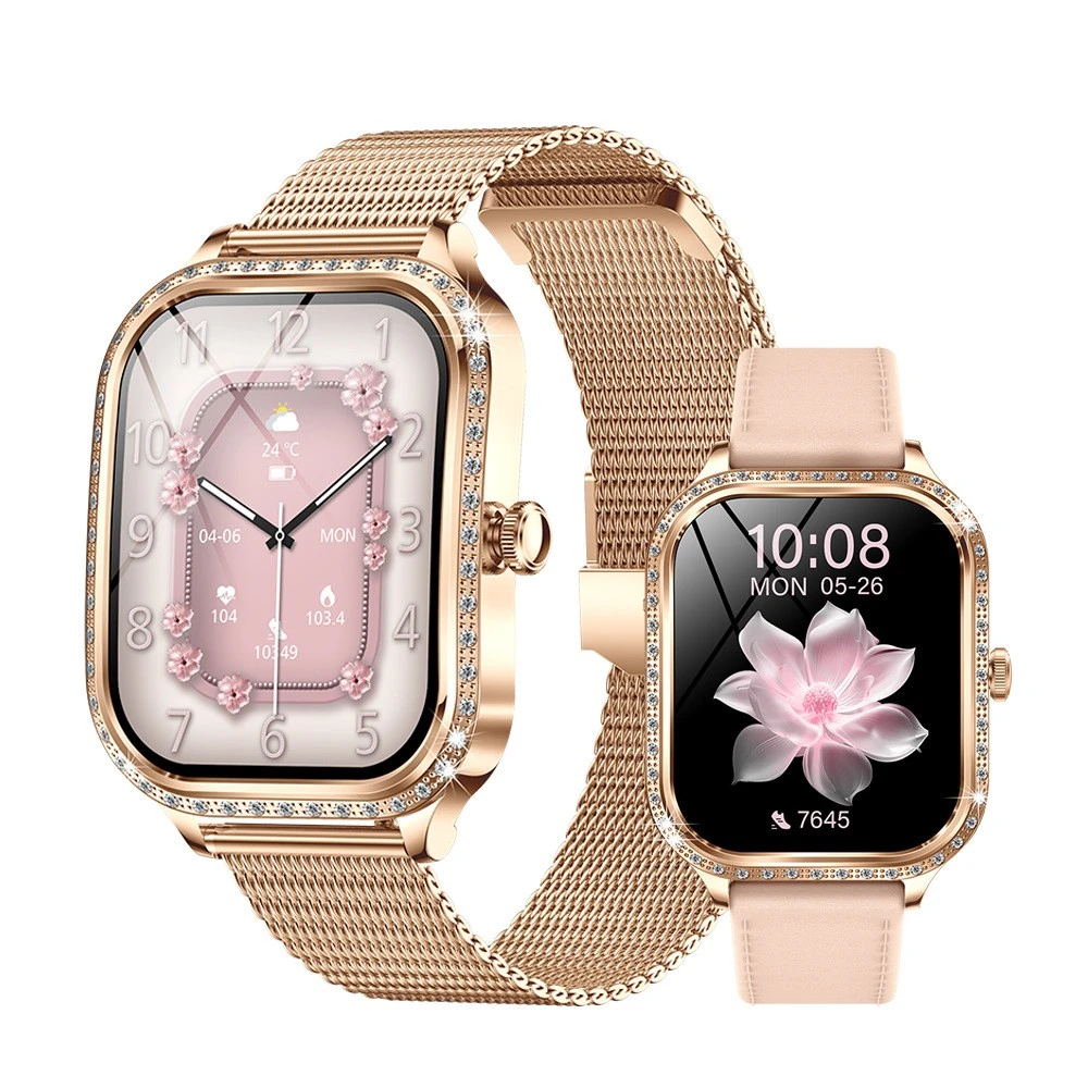 新款带朝鲜语QS01女款智能手表1.75寸曲面屏蓝牙通话镶钻健康监测