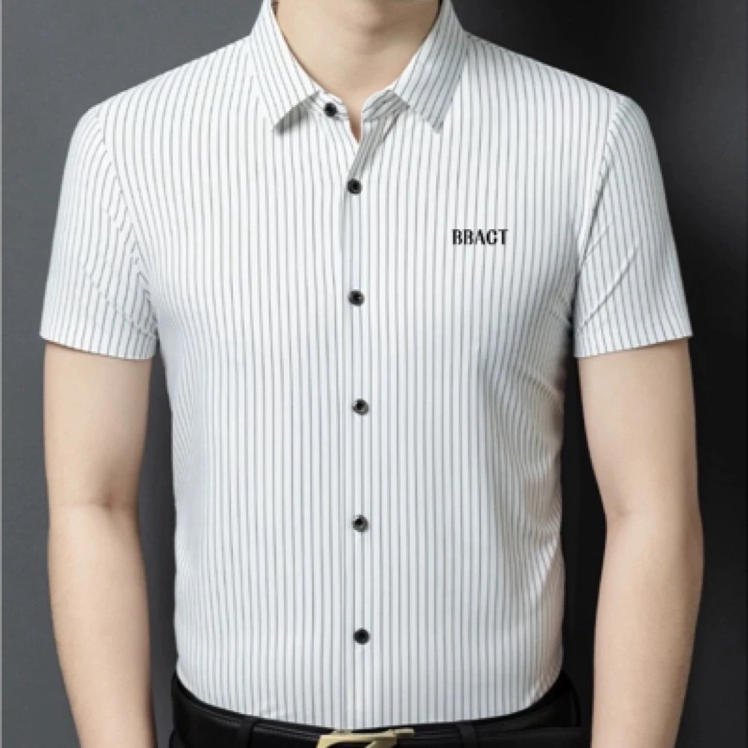 休闲狼男士冰丝短袖衬衫夏季薄款条纹商务休闲翻领衬衣抗皱免烫