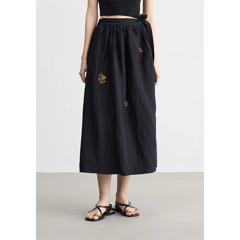 EIN/言瑰意苎麻鎏金玫瑰刺绣一片式系带文艺半身裙2025夏季新款