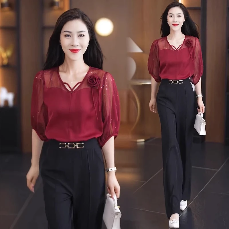 时尚洋气雪纺衫女夏季新款设计感漂亮小衫V领气质遮肚子显瘦上衣