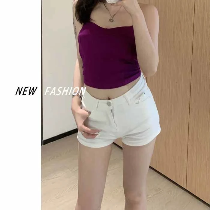 简约白色低腰修身牛仔短裤女夏季款显瘦百搭直筒辣妹热裤子ins潮