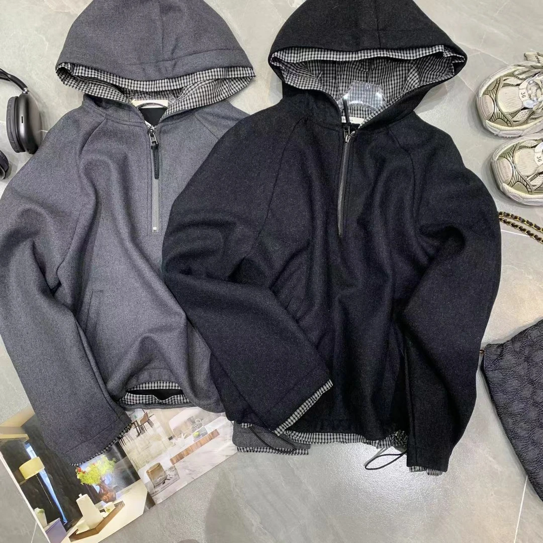 Manmi 格子拼接呢料半拉链连帽套头卫衣 83663（C5）