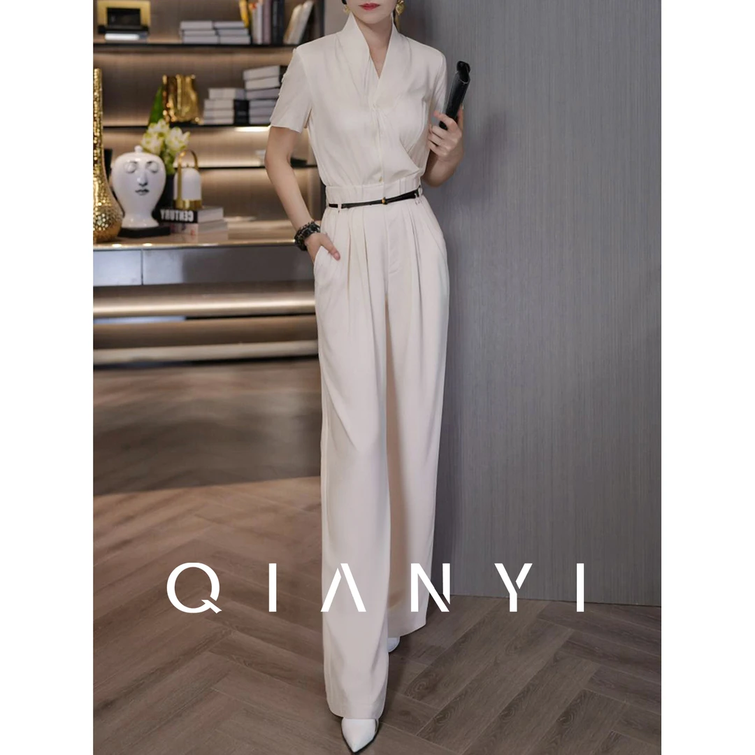纤屹2025夏季新款气质通勤显瘦上衣休闲长裤女装时尚套装两件套