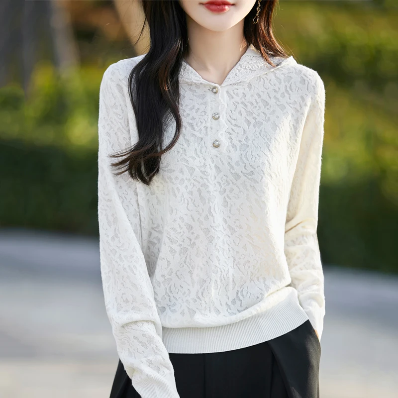 2025春秋新款连帽精纺羊毛衫女蕾丝花边提花针织毛衣宽松帽衫上衣