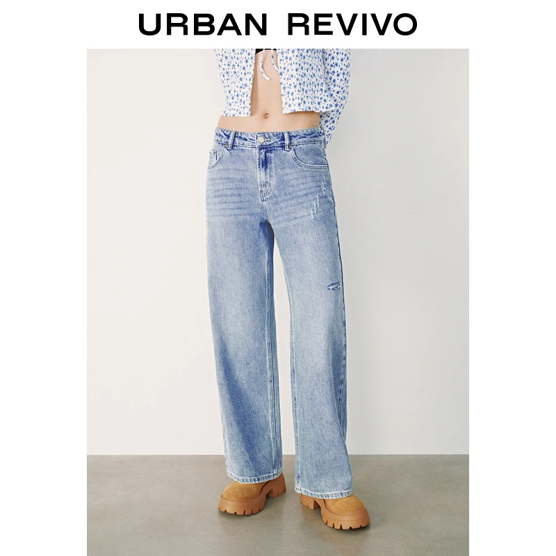 UR2025秋季新款女装复古水洗磨破阔腿牛仔长裤UYY850058