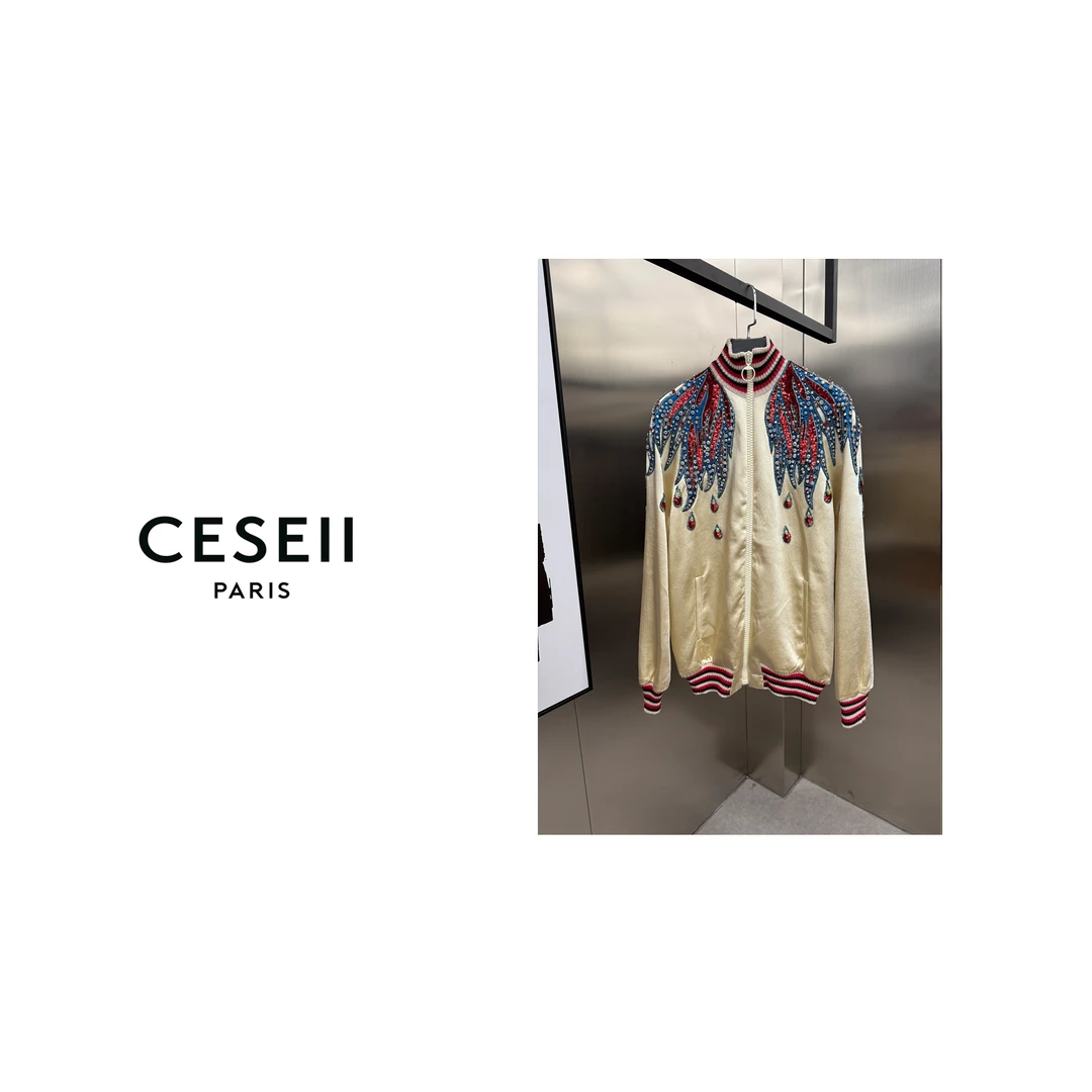 【25XJ080】CESEII2025高端进口醋酸面料纯手工钉钻中古款时尚外套