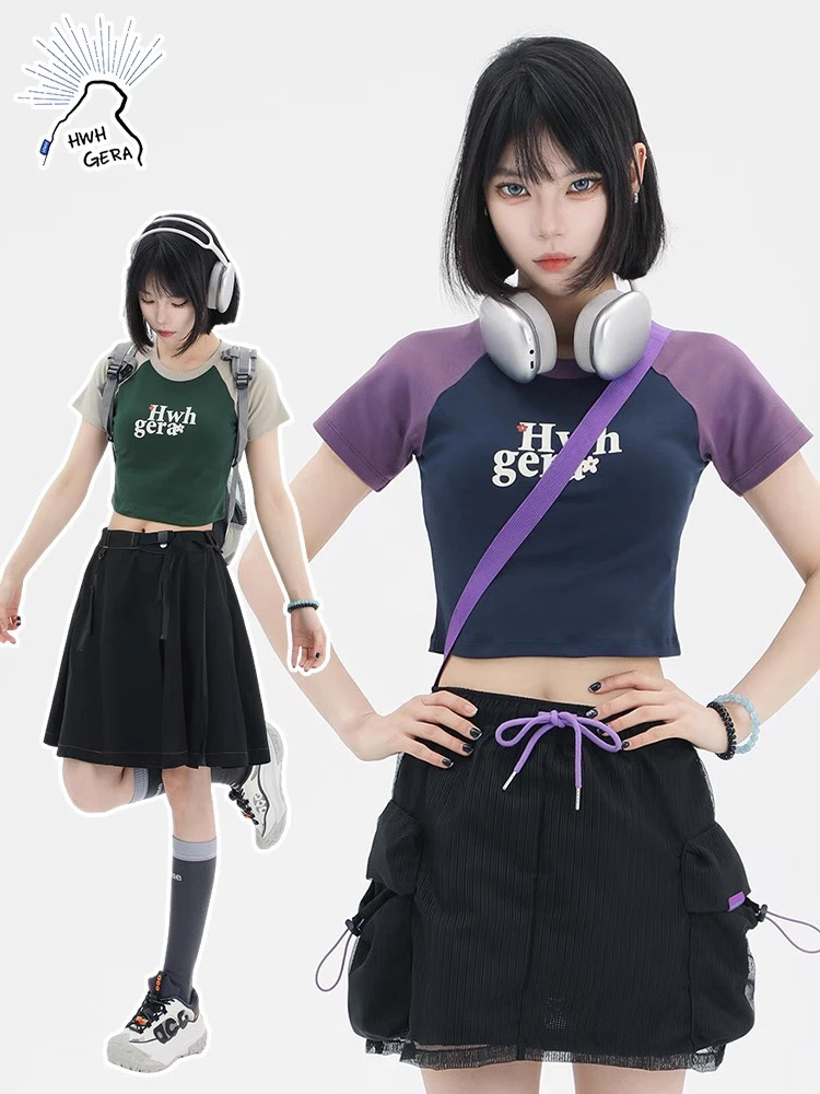 【醒醒专属】AC06 户外撞色拼接短款露脐T恤女学生修身显瘦圆领短袖