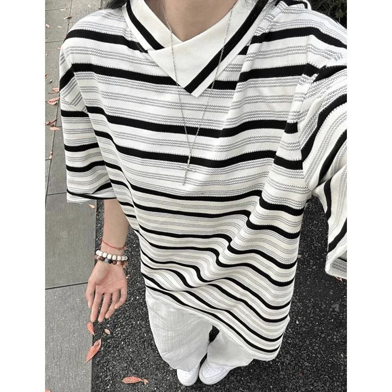 美式不规则斜领polo衫头短袖男t恤夏季设计感撞色条纹小众上衣服