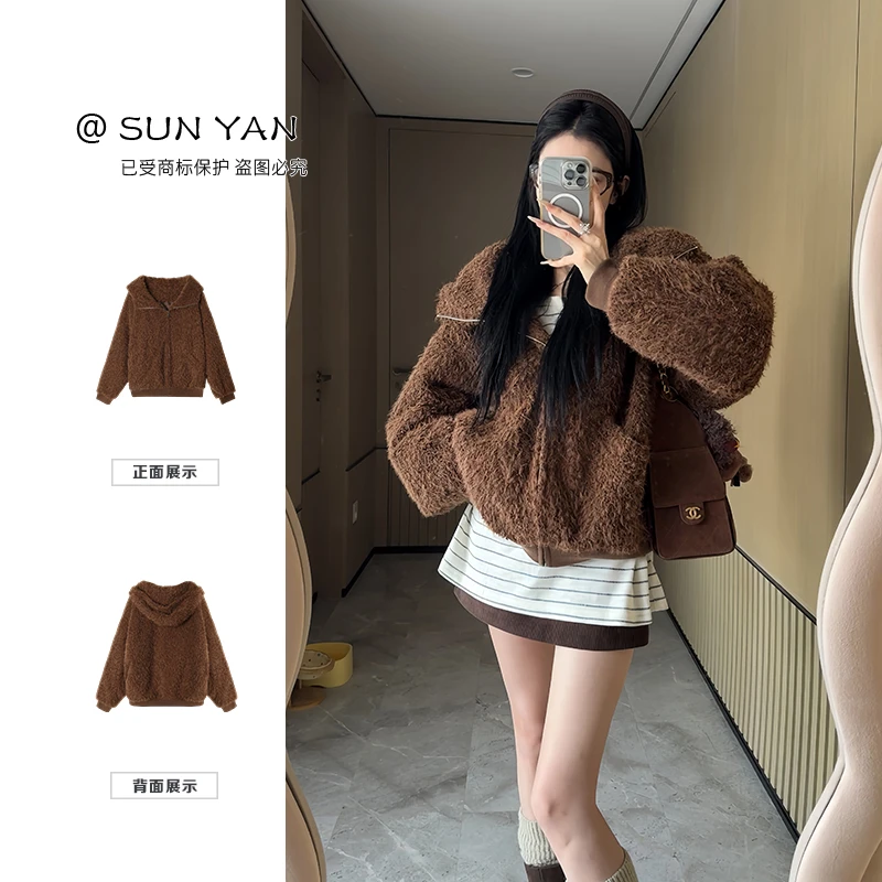 孙妍【布朗小熊】休闲时尚连帽夹棉保暖毛毛外套女冬季2025新款