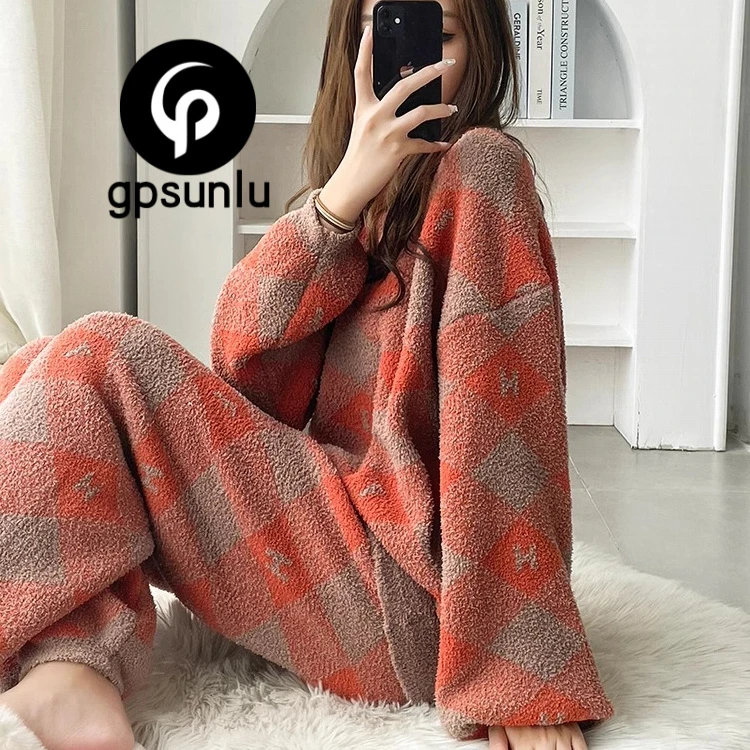 GPsunlu软绵绵半边绒睡衣女秋冬珊瑚绒加厚保暖外穿家居服套装