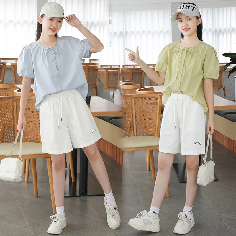 女童夏季新款短袖衬衣8-15岁中学生纯棉宽松短裤夏日凉爽两件套