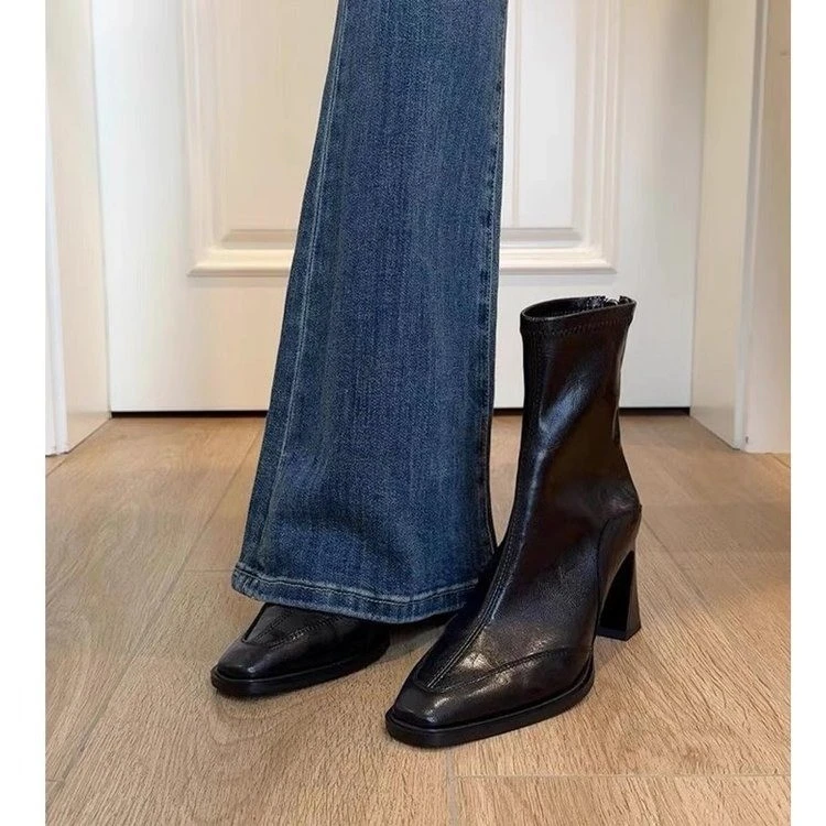 欧洲站英伦风韩版高跟方头瘦瘦靴短靴粗跟复古马丁靴英伦风短筒靴