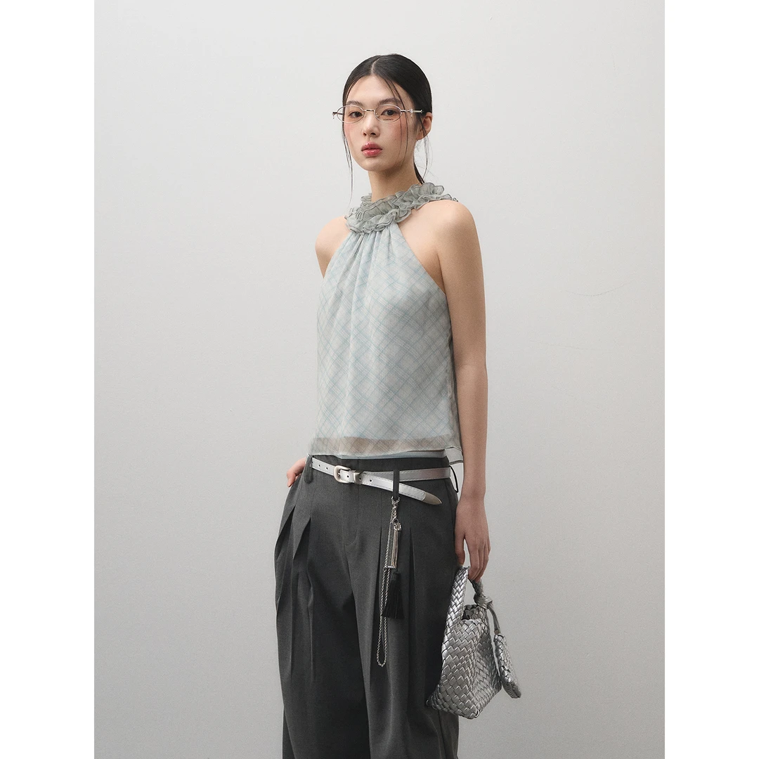 【LaluneDuCiel】LLDC 24号晚18点 花边格纹半高领挂脖背心吊带女