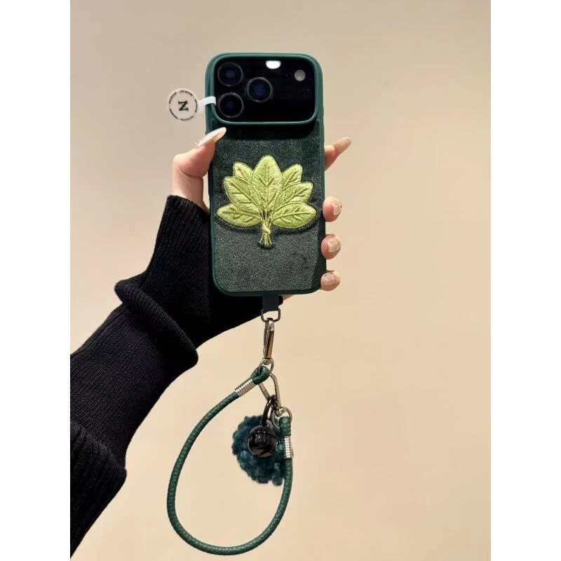 小清新墨绿底刺绣幸运柚子叶适用ihone17promax苹果16p手机壳新款