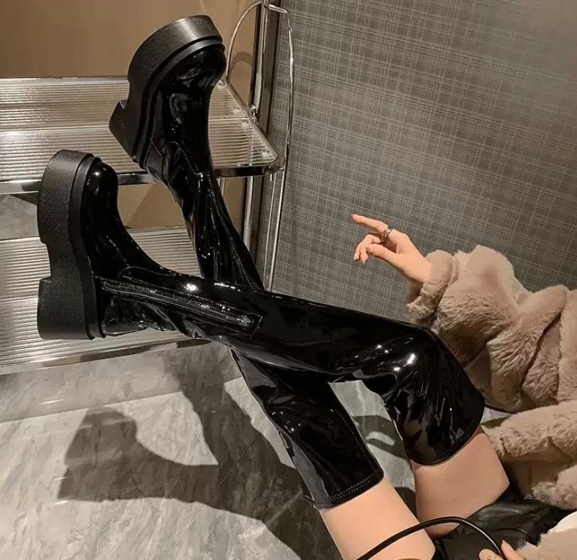 6999 亮长筒靴子女松糕跟瘦腿弹力靴过膝高筒靴坡跟厚底长靴加绒