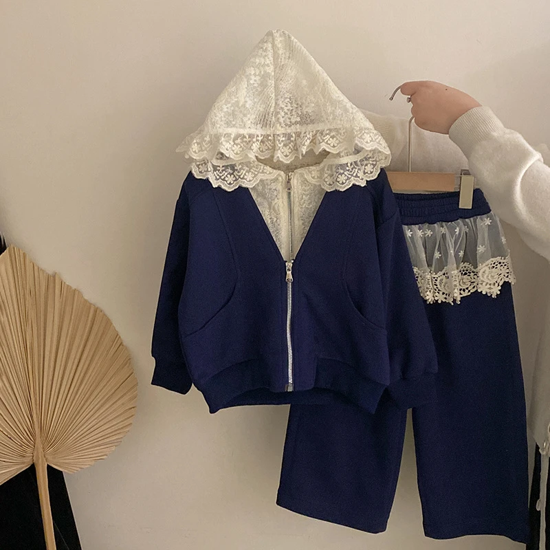 R25063女童春秋款套装类似连帽拉链卫衣开衫休闲运动卫裤两件套