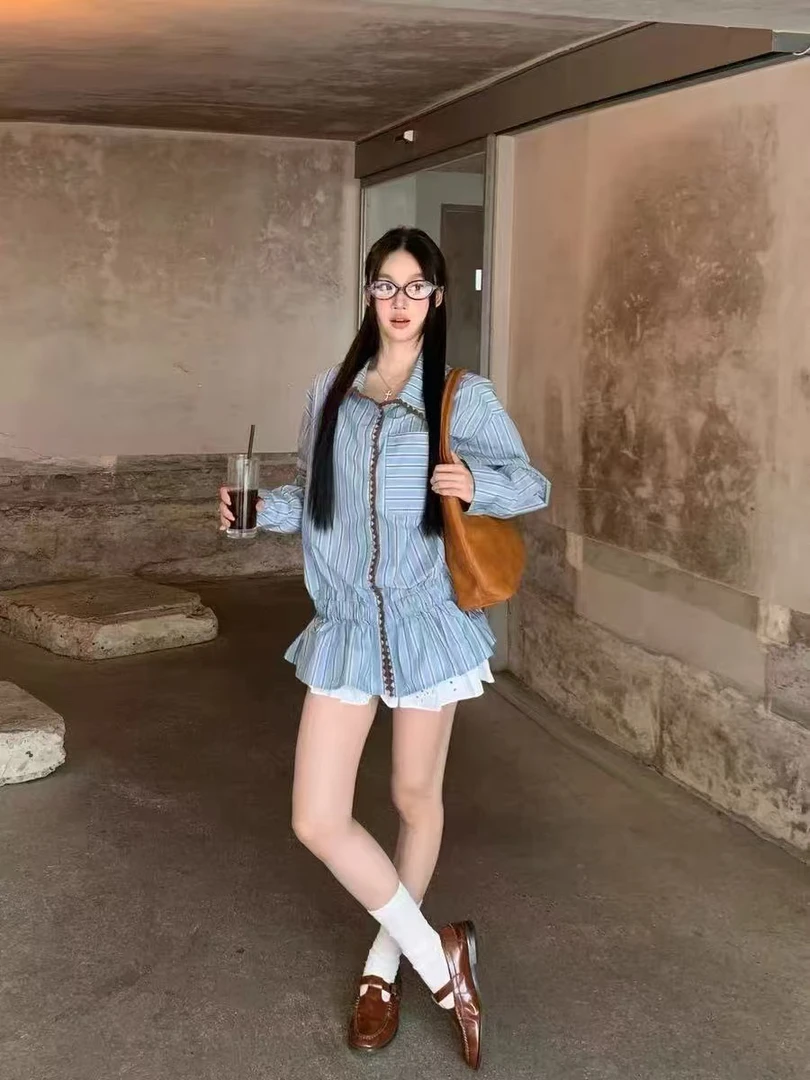 早秋设计感条纹复古感连衣裙-35298