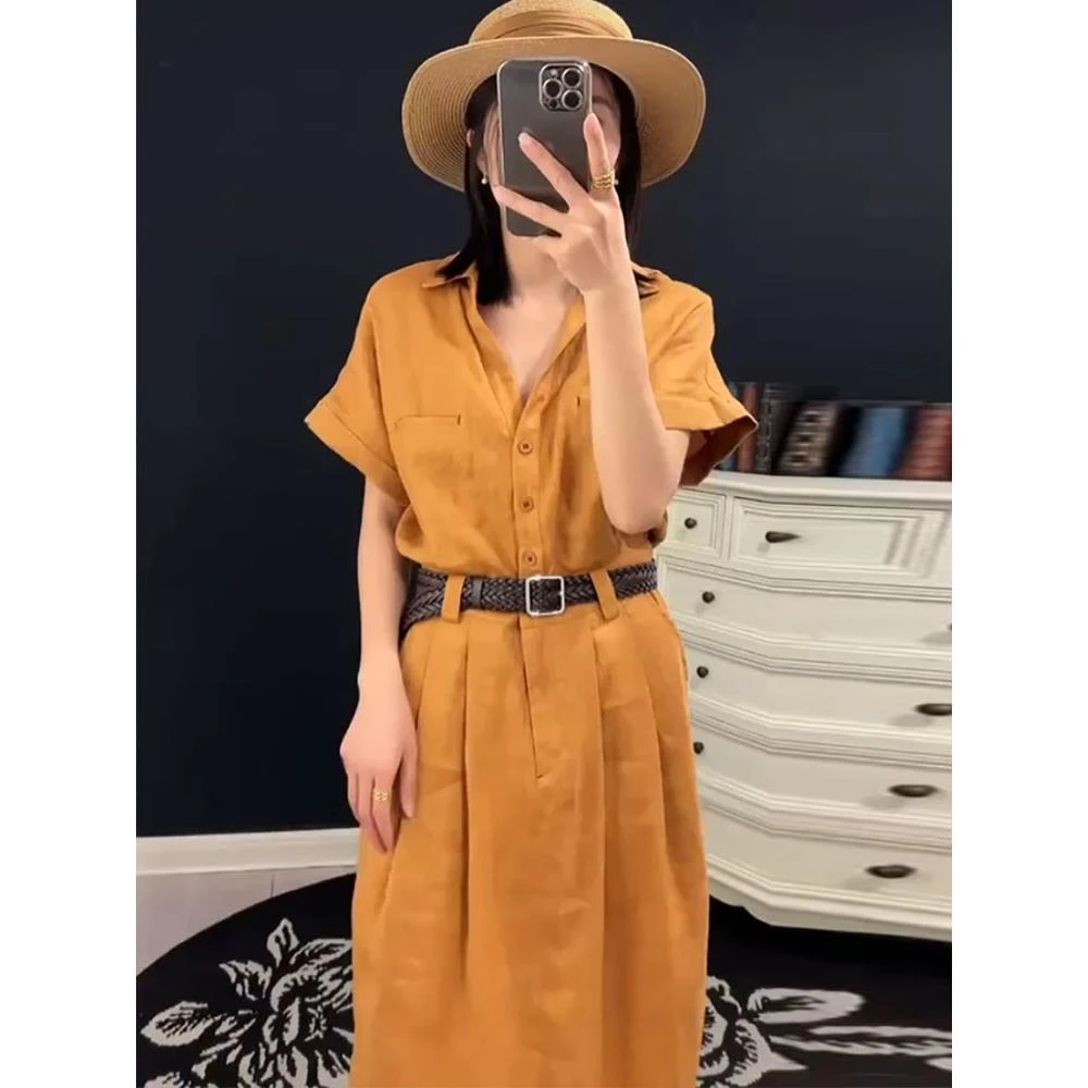 欧货大码短袖工装亚麻连衣裙女夏2025新款收腰衬衫裙休闲显瘦长裙