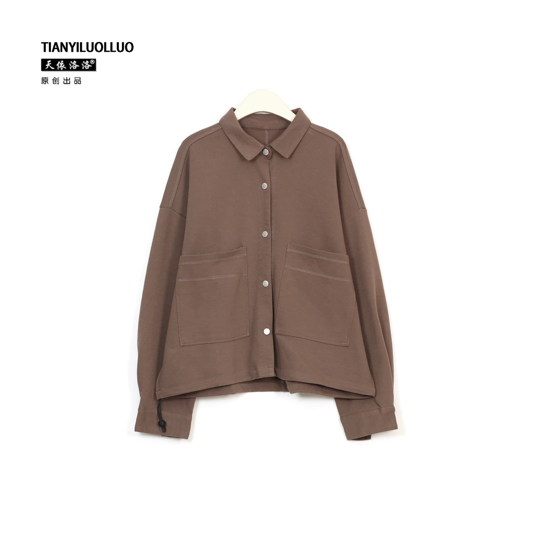 【天依洛洛】67361 休闲时尚舒适宽松百搭长袖口袋纯色外套