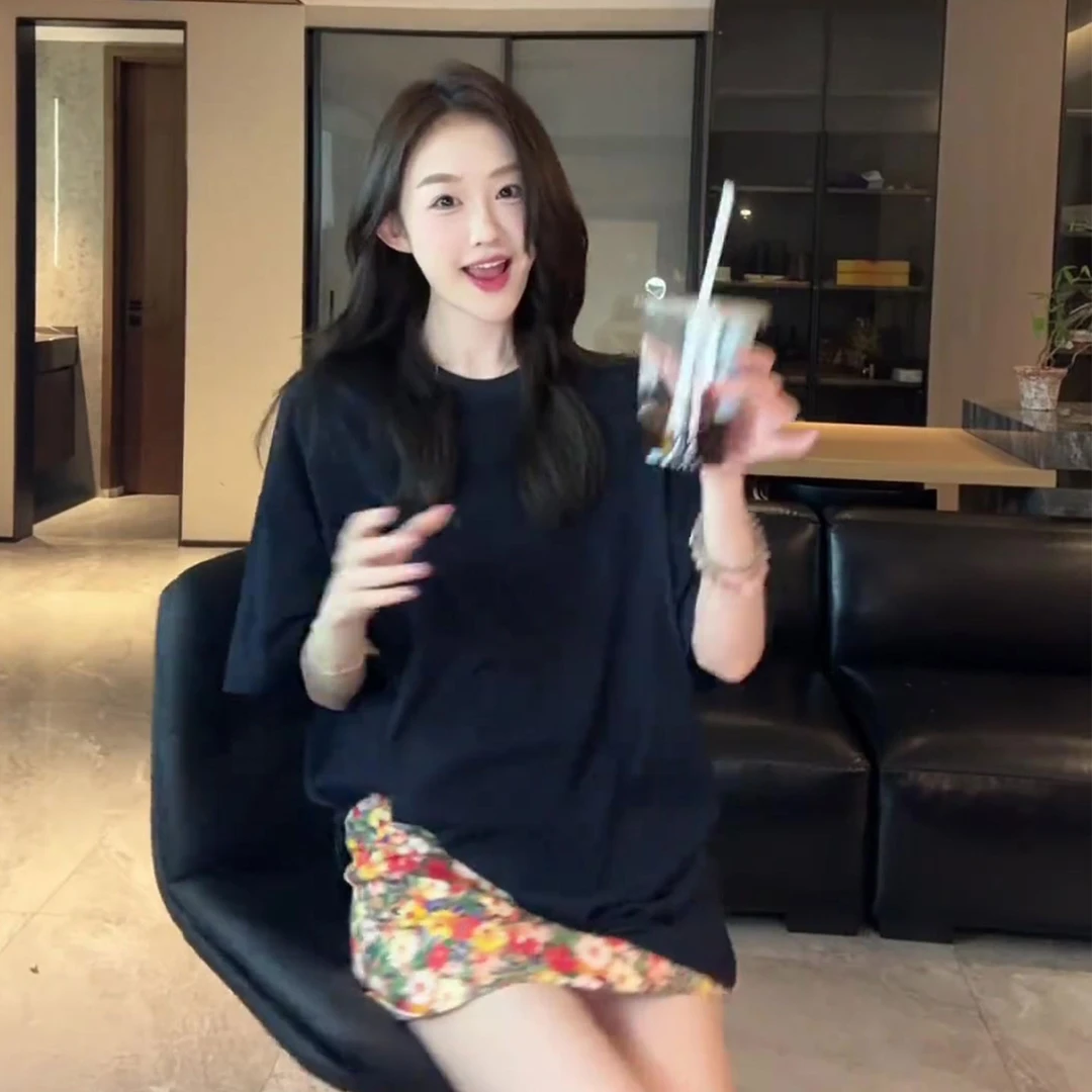 白色圆领正肩短袖t恤女2025新款夏季时尚休闲百搭宽松中长款上衣