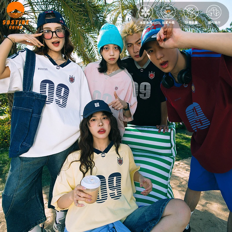 SOSTINE「V领运动风」美式高街星标字母短袖t恤男女情侣宽松半袖