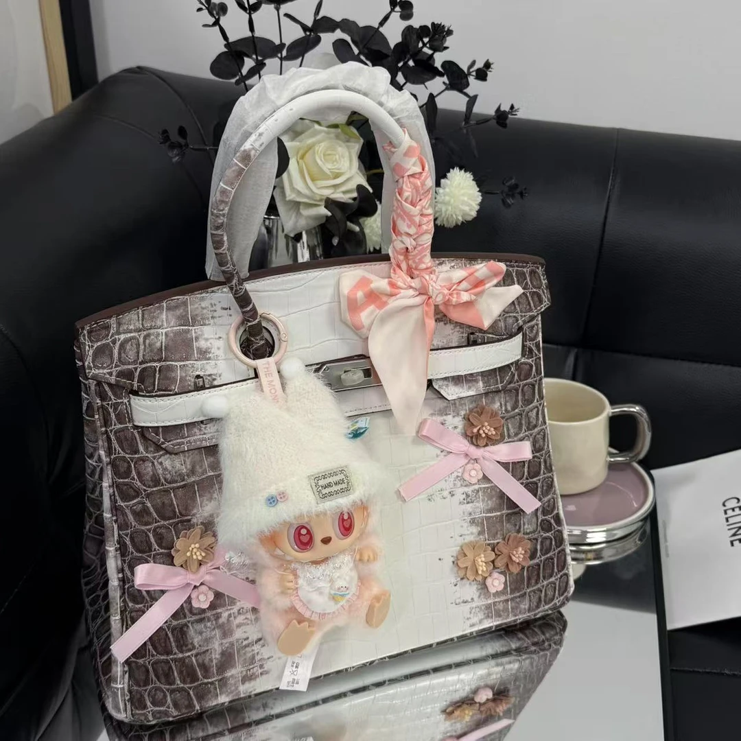 原创手工设计潮玩娃包 韩系轻奢小众设计灰白拼压纹铂金包