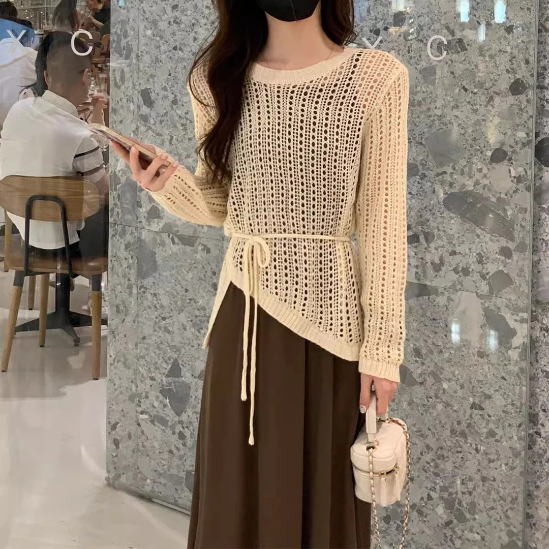 复古小众不规则设计感2025夏季新款慵懒风系带收腰防晒罩衫针织衫
