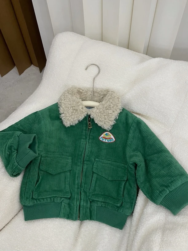 【CC】绿色灯芯绒夹棉毛领外套 2602