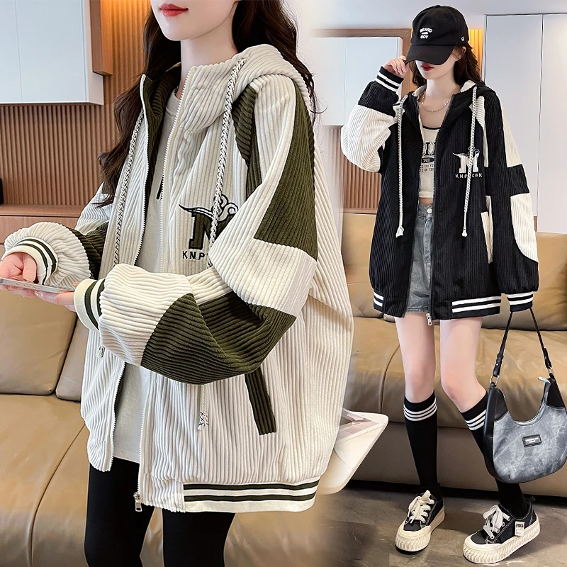 灯芯绒拼接外套女秋冬加厚棒球服2025设计感宽松休闲胖女孩上衣女