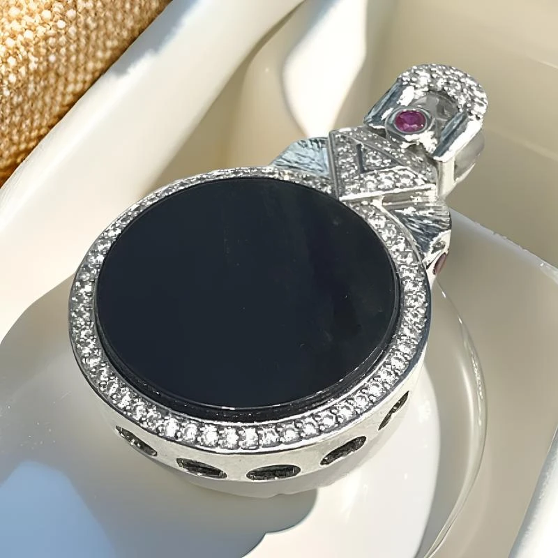 【J0183】天然缅甸轻奢镶嵌时尚气质银色百搭复古圆牌翡翠吊坠黑色