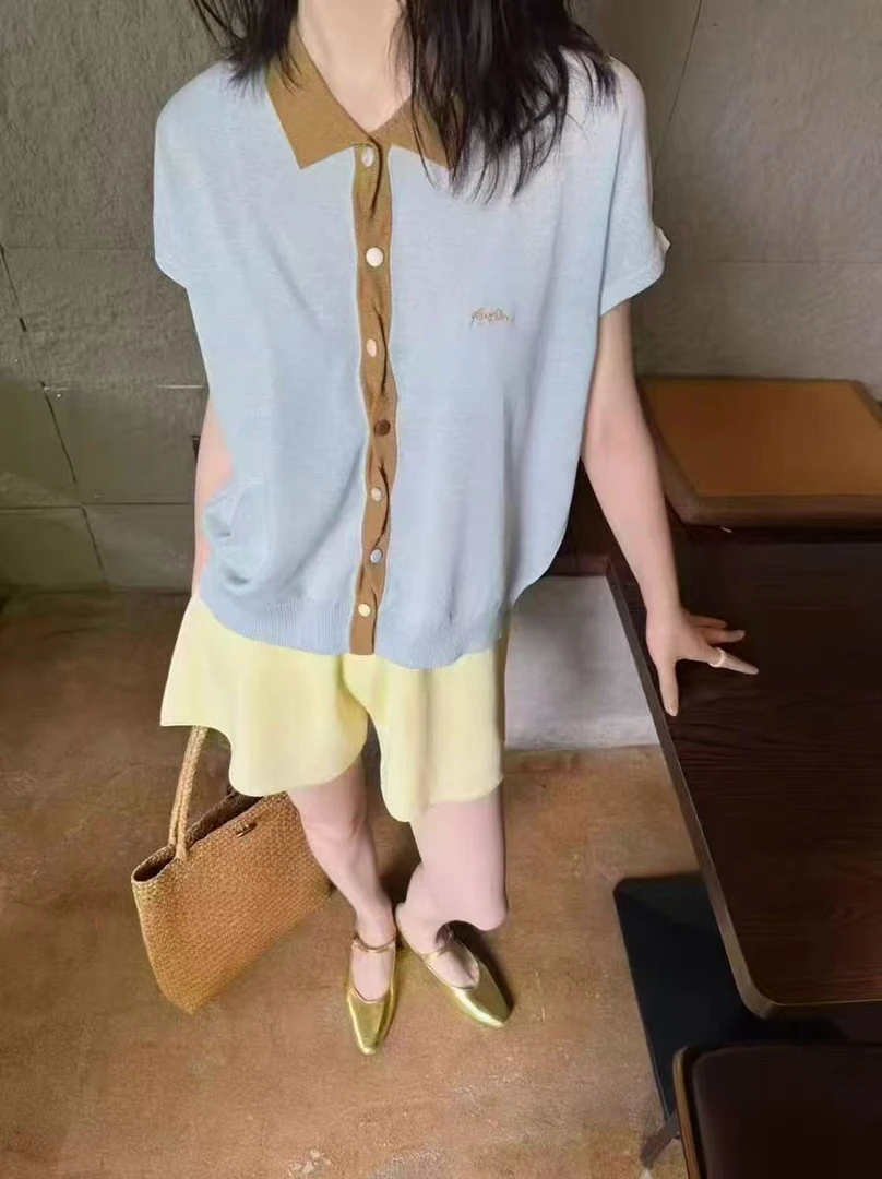 2025夏季新款polo领撞色字母刺绣短袖针织开衫女宽松百搭减龄2422
