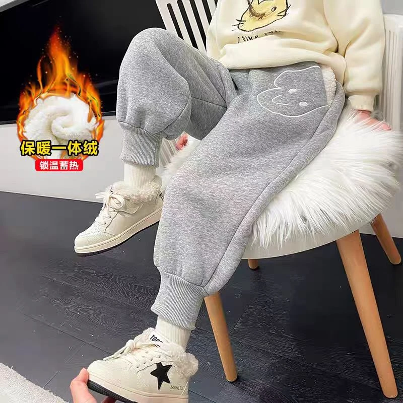 6251笑脸手套一体绒卫裤加厚休闲裤冬款运动裤保暖可爱女童冬季