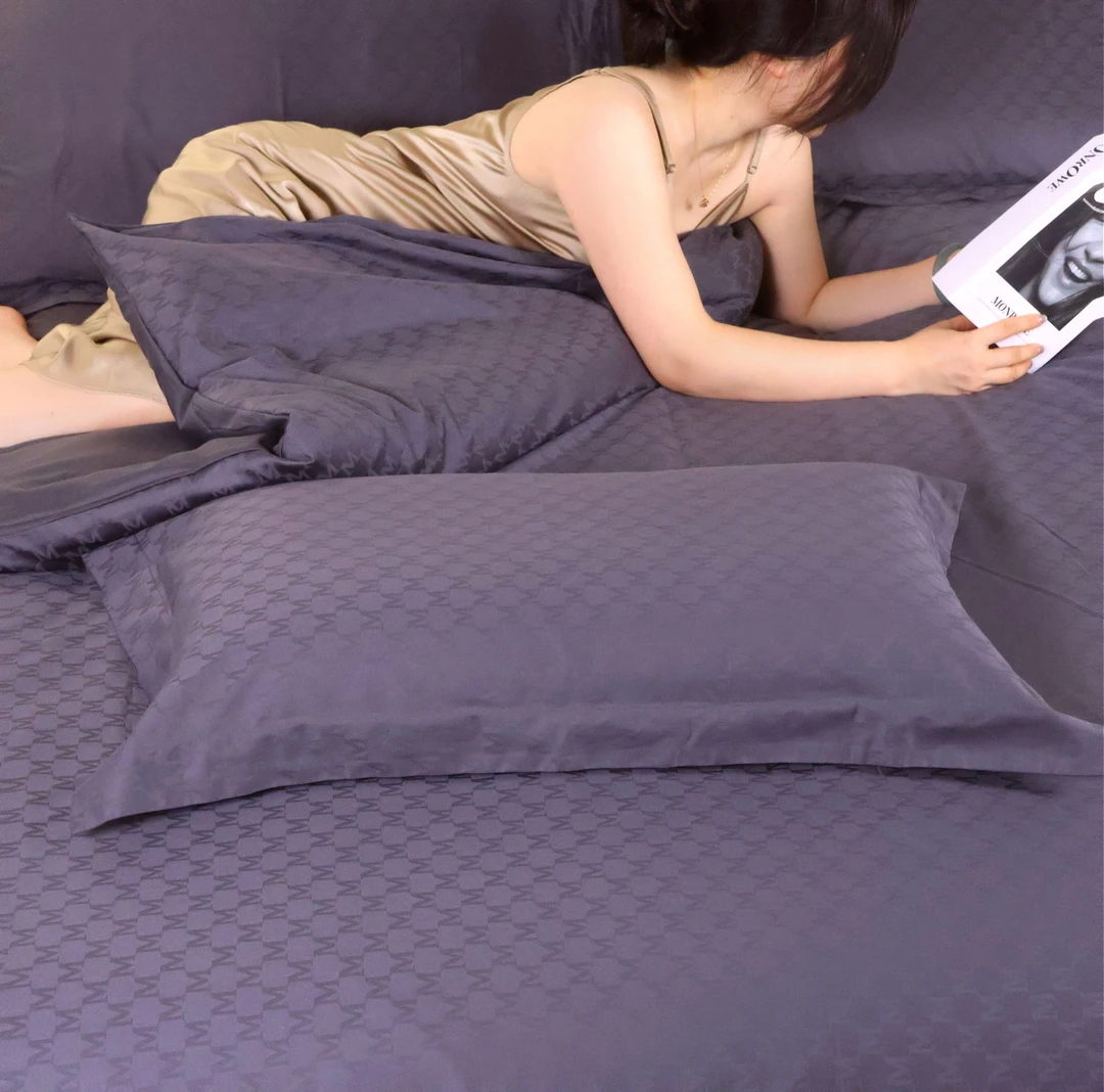 轻奢长绒棉80支简约提花被套高级感床上床单被罩四件套