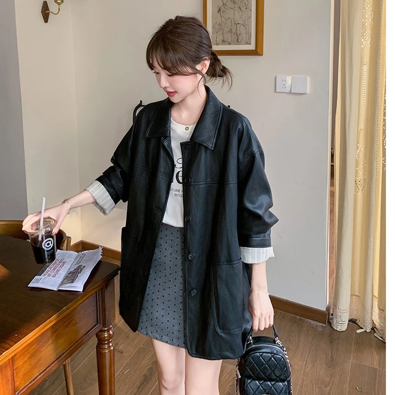 条纹拼接黑色复古蛋白皮衣2025春秋新款宽松百搭休闲柔软PU皮外套