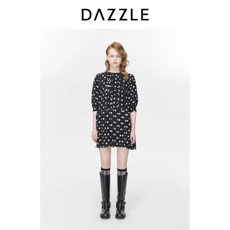 DAZZLE地素圆领褶皱设计波点印花中袖短裙2H1O