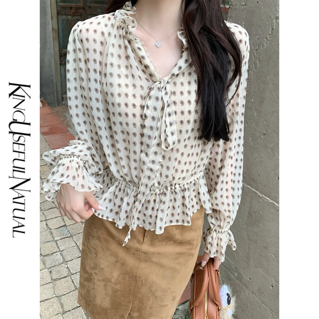 KUN【吉赛尔】复古造型 腰果花金丝皱设计宽松版型飘带秋款衬衫上衣