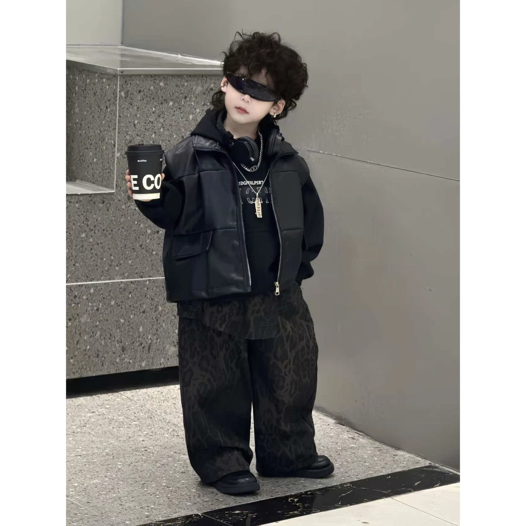 儿童新款套装2025秋季马甲宝宝豹纹屁帘裤韩版男童三件套潮TT