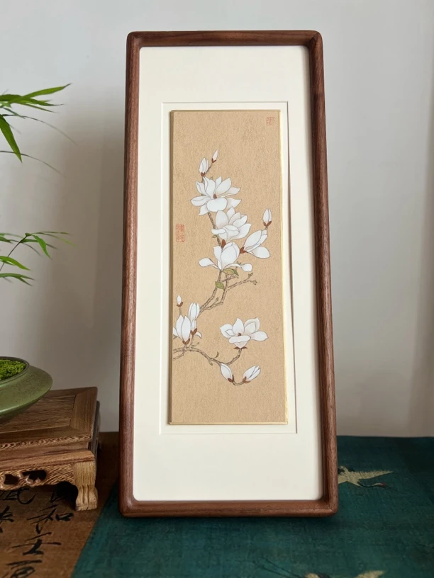【直拍】国风工笔画玉兰北美黑胡桃纯实木榫卯框装饰画52cm×22cm